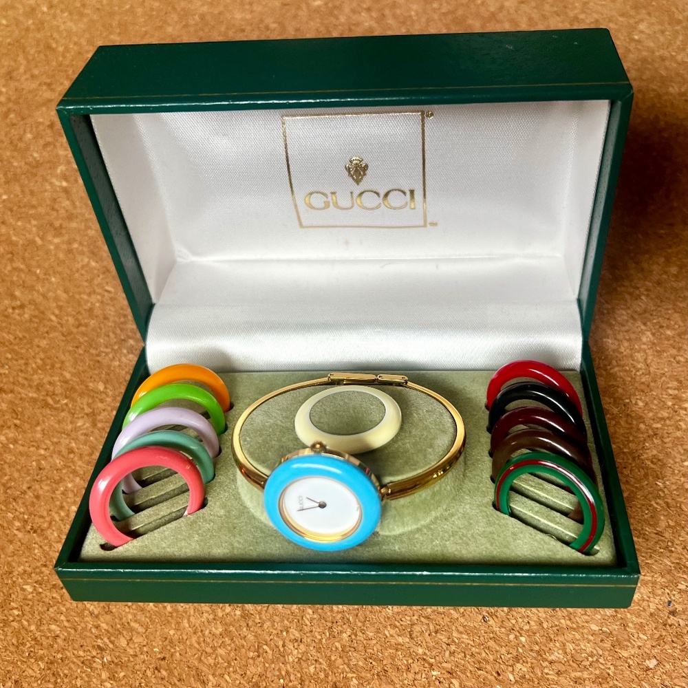 Gucci Vintage Women’s Bangle Watch w/ 11 Interchangeable Bezels & Box